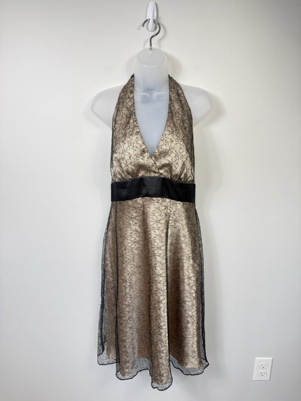 Jones NY Vintage Y2K Gold Dress Size 12 Empire Sheer Lace Babydoll Halter
